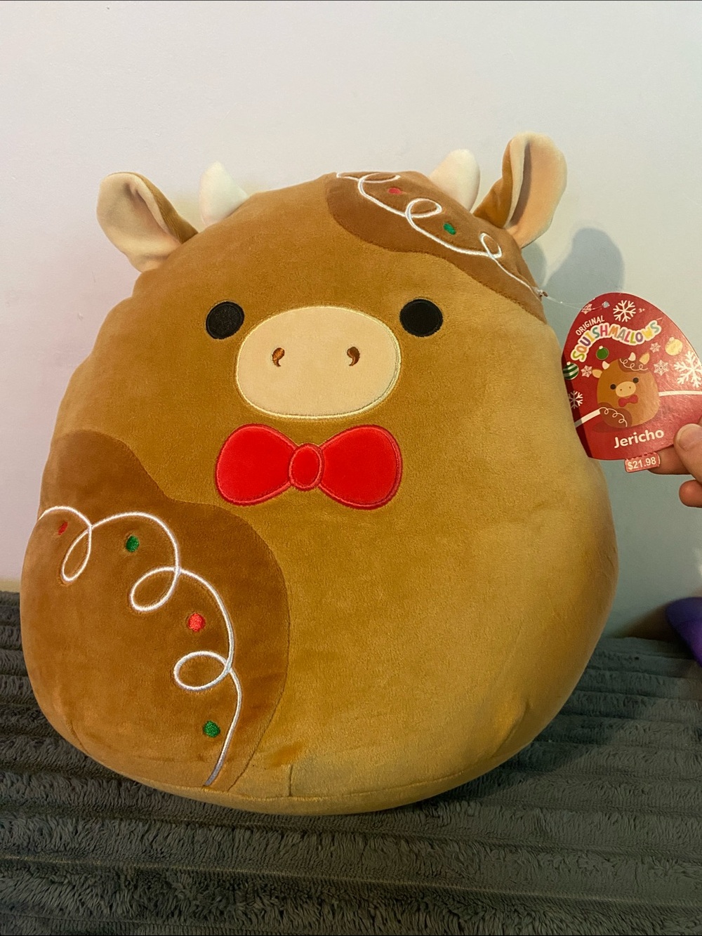 Squishmallows Jericho Cow Plush - Brown with Red Bow